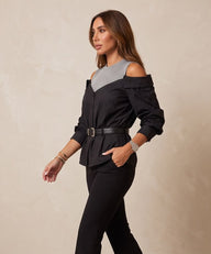 Belted Cold-Shoulder Two-Tone Poplin Blouse