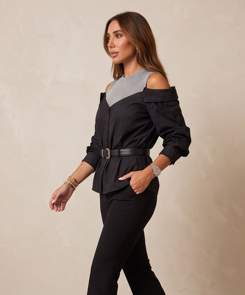 Belted Cold-Shoulder Two-Tone Poplin Blouse