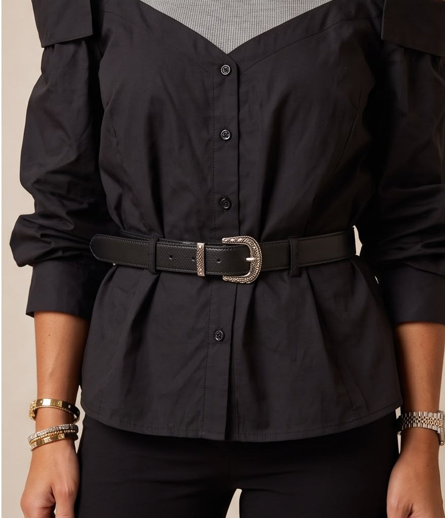 Belted Cold-Shoulder Two-Tone Poplin Blouse
