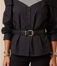 Belted Cold-Shoulder Two-Tone Poplin Blouse