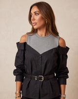 Belted Cold-Shoulder Two-Tone Poplin Blouse