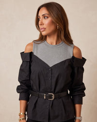 Belted Cold-Shoulder Two-Tone Poplin Blouse
