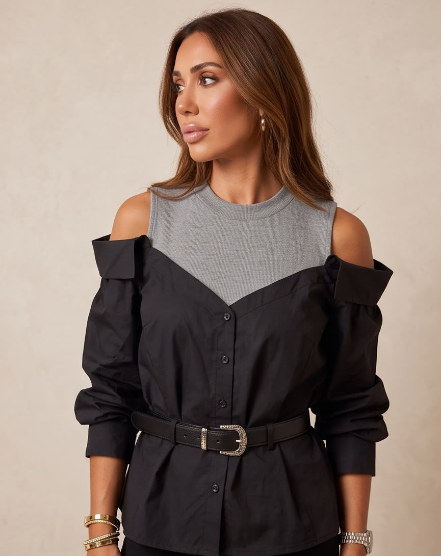 Belted Cold-Shoulder Two-Tone Poplin Blouse