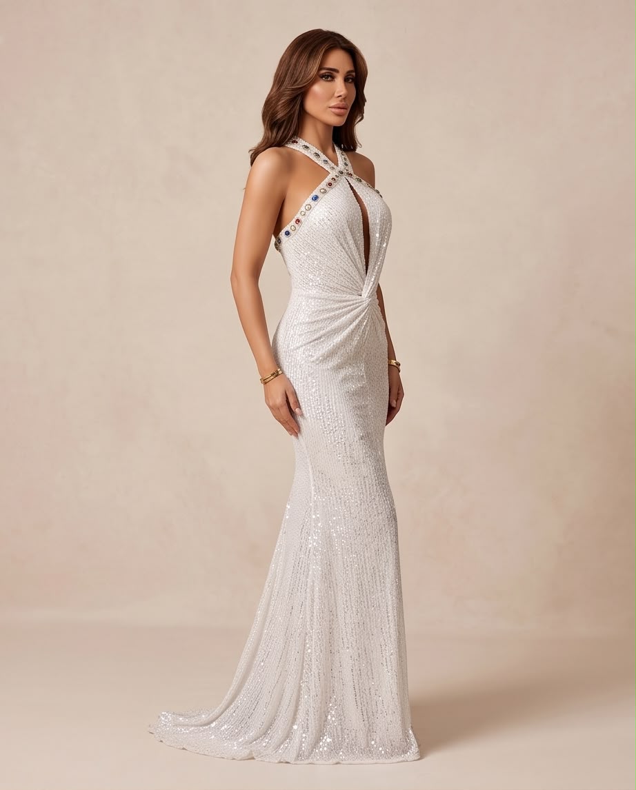 White Gemstone Sequined Halter Gown