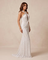 White Gemstone Sequined Halter Gown