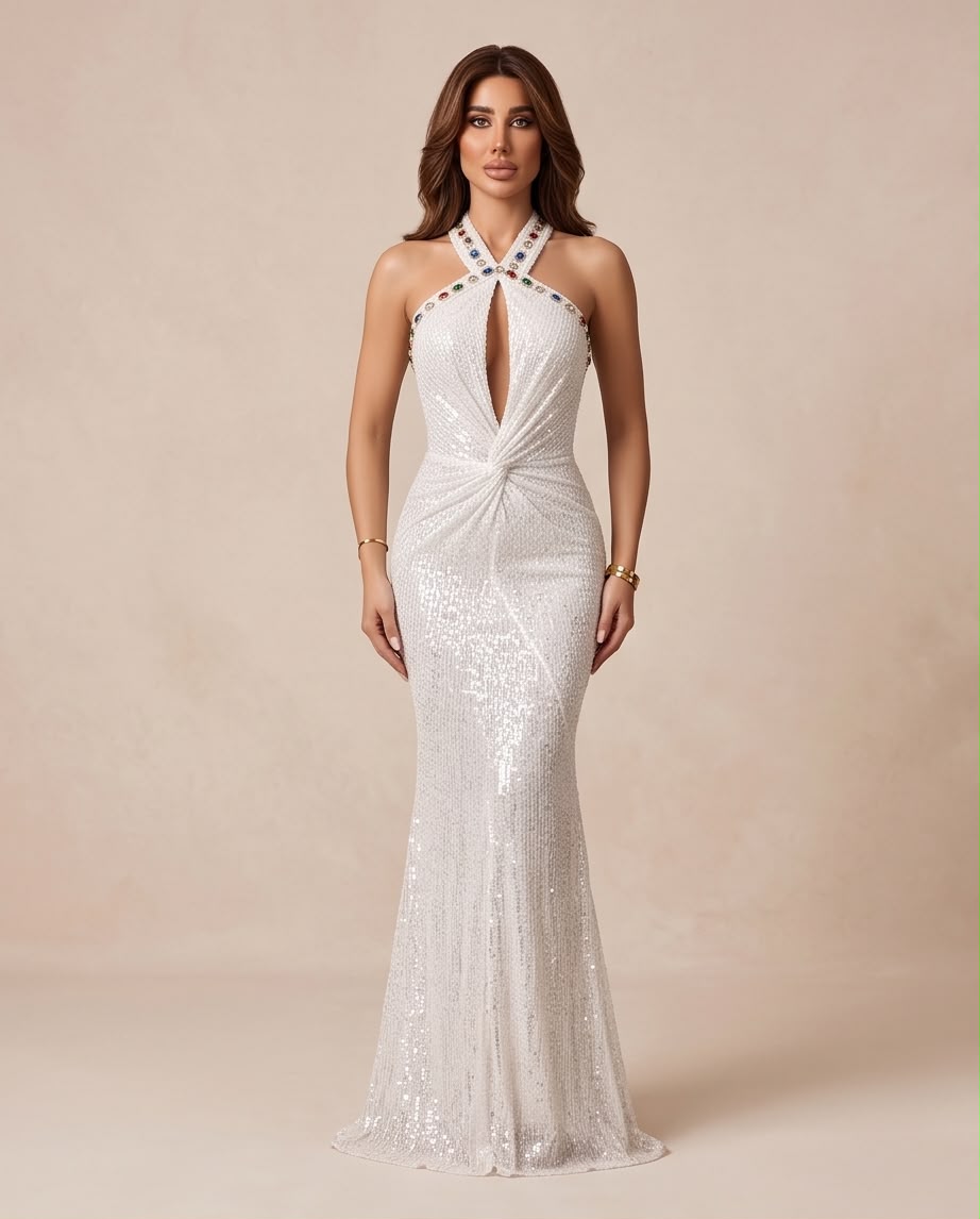 White Gemstone Sequined Halter Gown