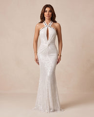 White Gemstone Sequined Halter Gown