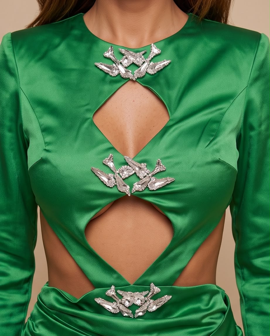 Emerald Crystal Cutout Satin Mini Dress