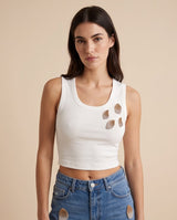 White Rhinestone Ribbed Tank Top