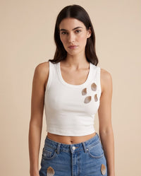 White Rhinestone Ribbed Tank Top