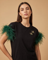 Feather-Sleeve Embellished Bee T-Shirt