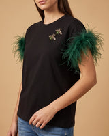 Feather-Sleeve Embellished Bee T-Shirt