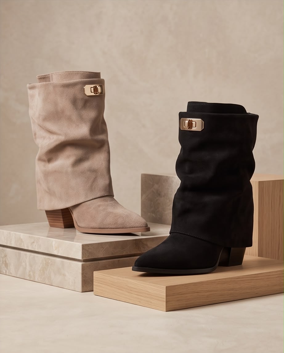 Foldover Turn-Lock Suede Boots