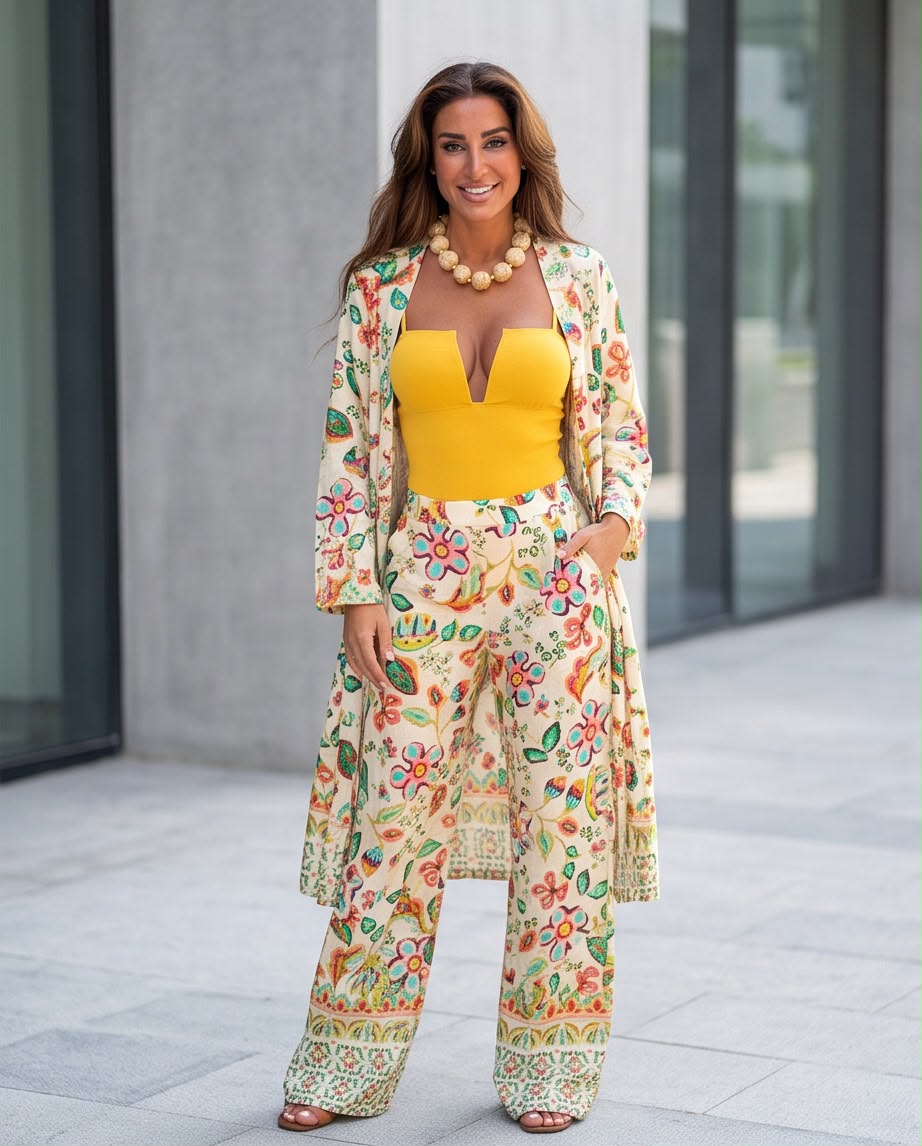 Floral Duster & Wide-Leg Pants Co-ord
