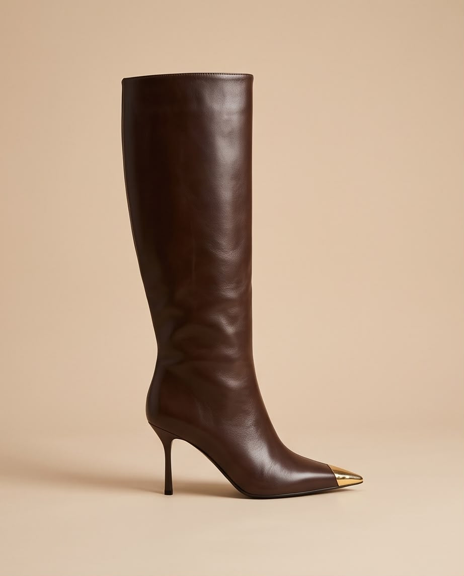 Gold Cap-Toe Leather Knee Boots