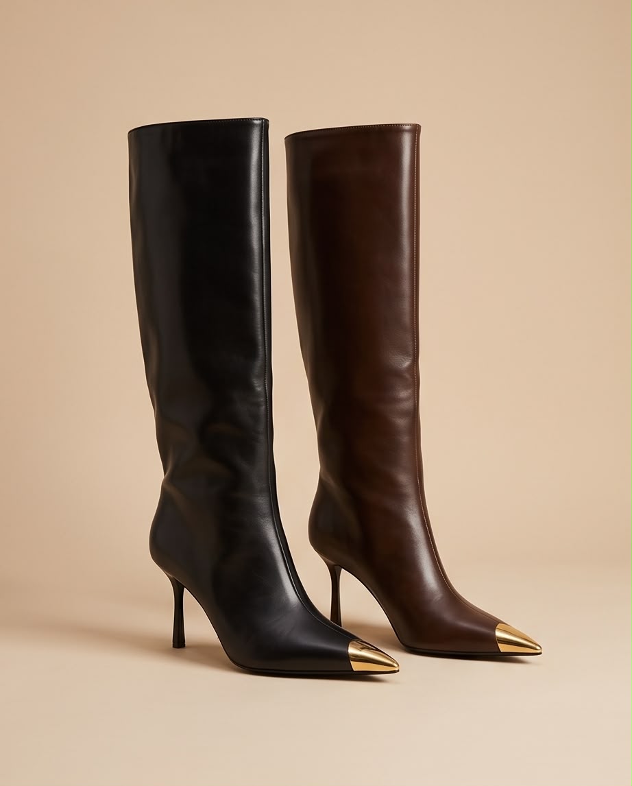 Gold Cap-Toe Leather Knee Boots