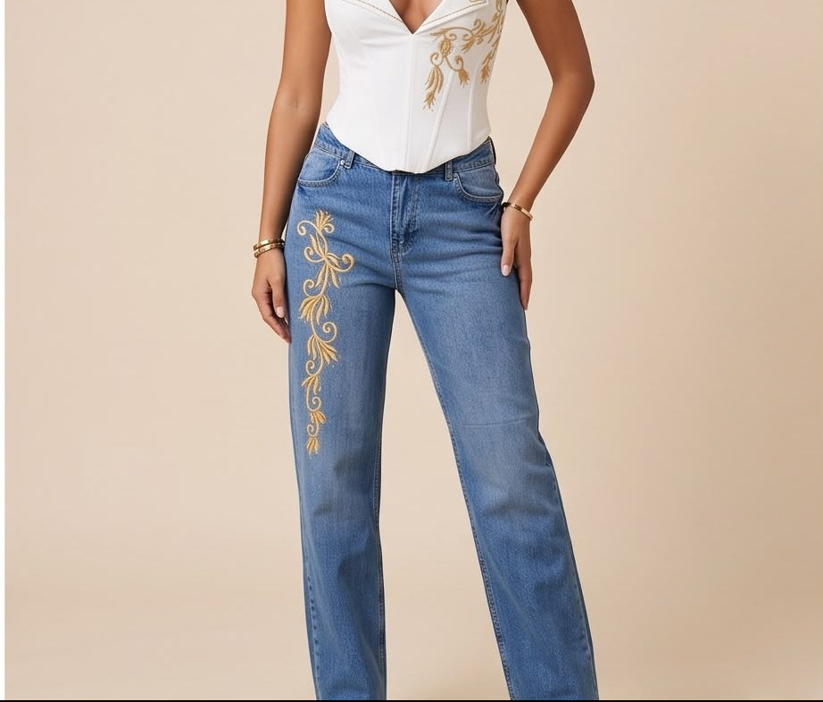 Gold Embroidered Denim Jeans