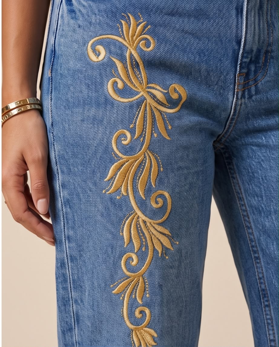 Gold Embroidered Denim Jeans