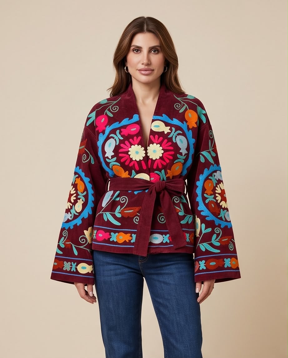 Burgundy Embroidered Velvet Jacket