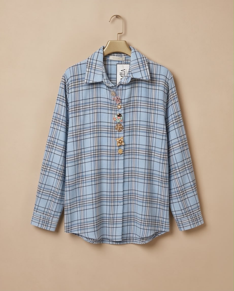Light Blue Embellished Plaid Shirt