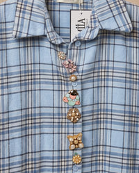 Light Blue Embellished Plaid Shirt
