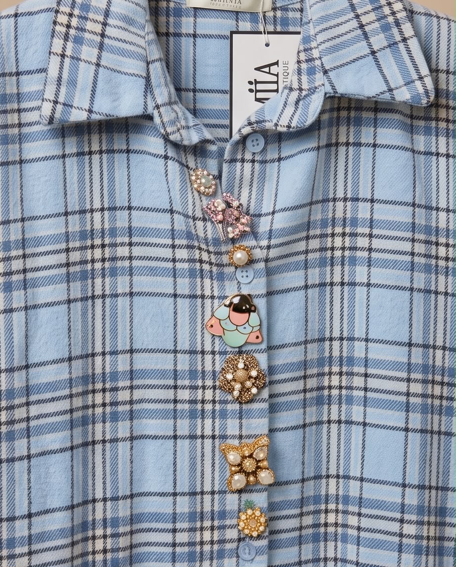 Light Blue Embellished Plaid Shirt