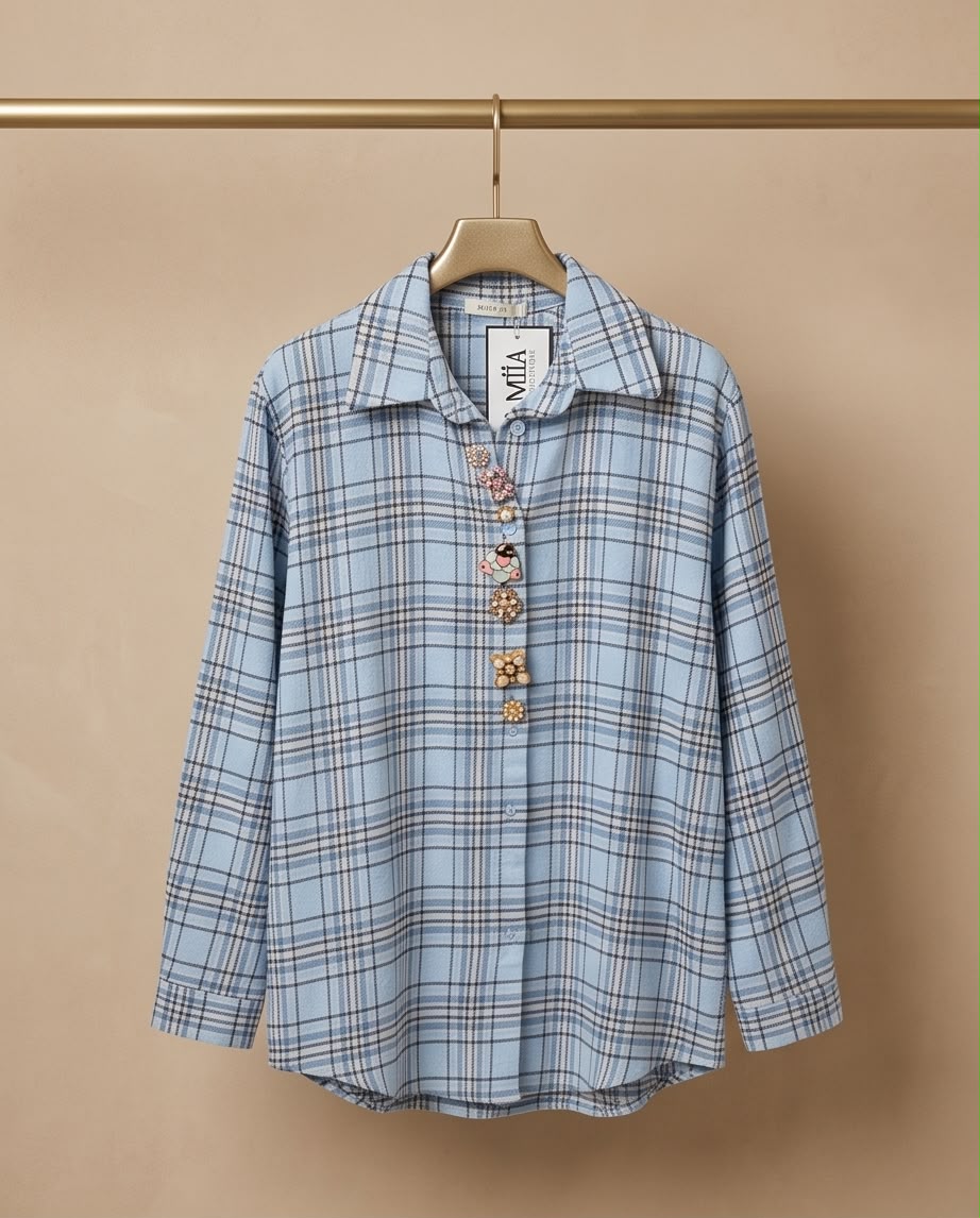 Light Blue Embellished Plaid Shirt