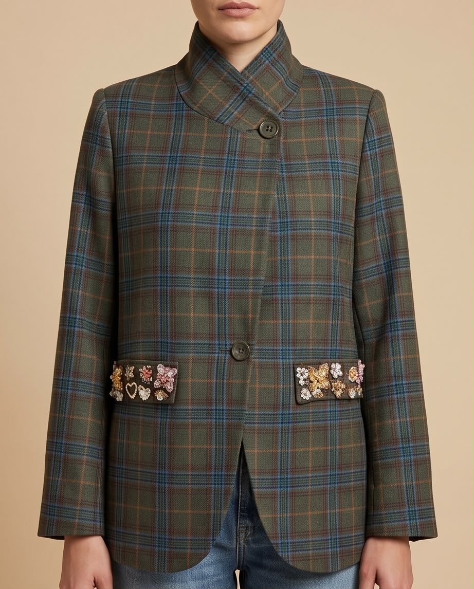 Embellished Olive Plaid Blazer