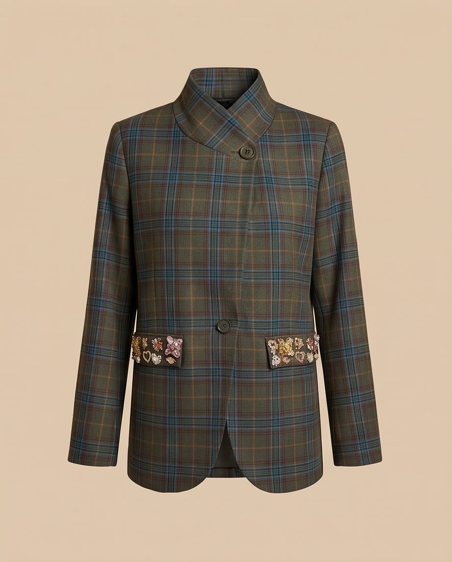 Embellished Olive Plaid Blazer