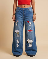 Snoopy Embroidered Loose Fit Jeans