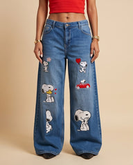 Snoopy Embroidered Loose Fit Jeans