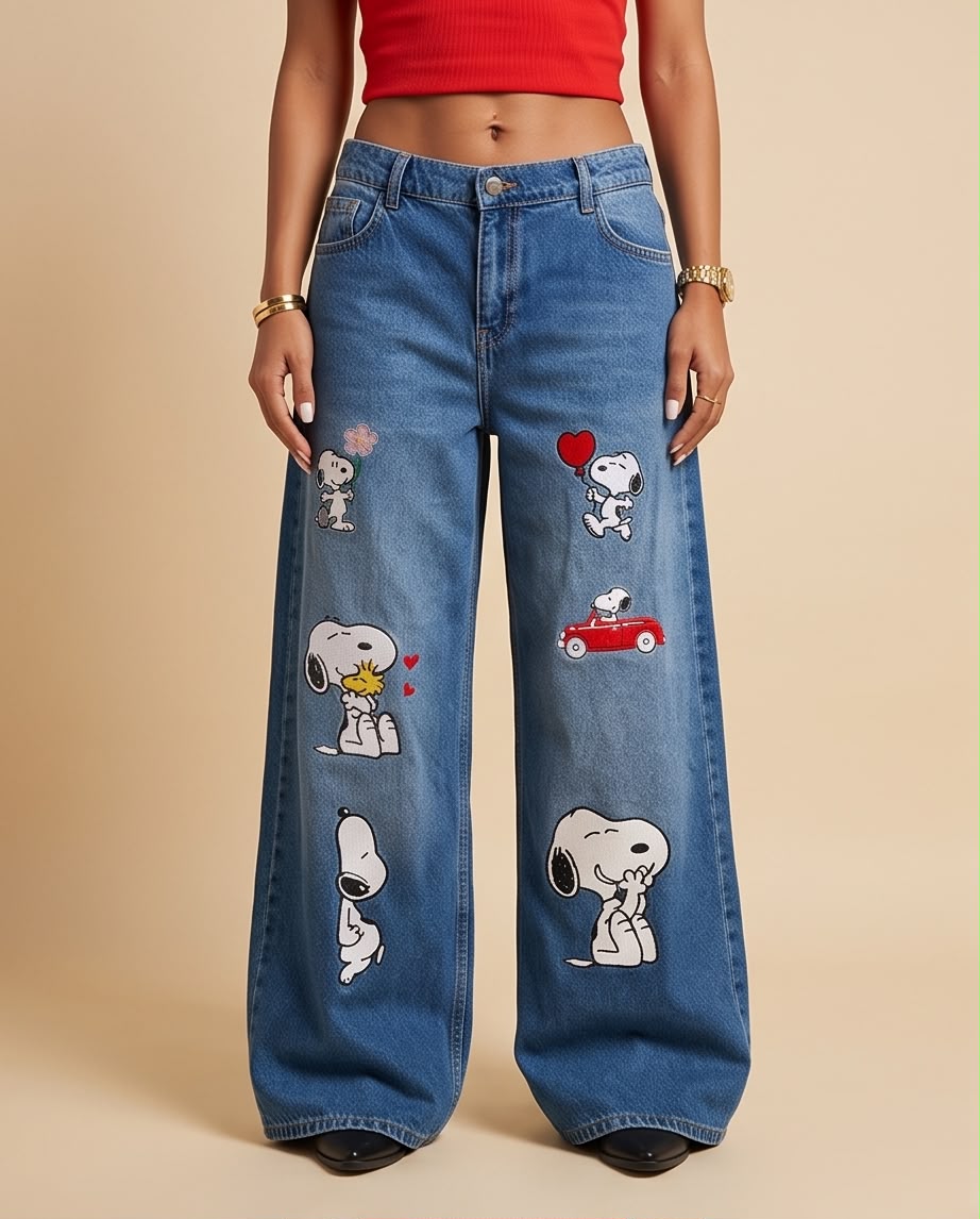 Snoopy Embroidered Loose Fit Jeans