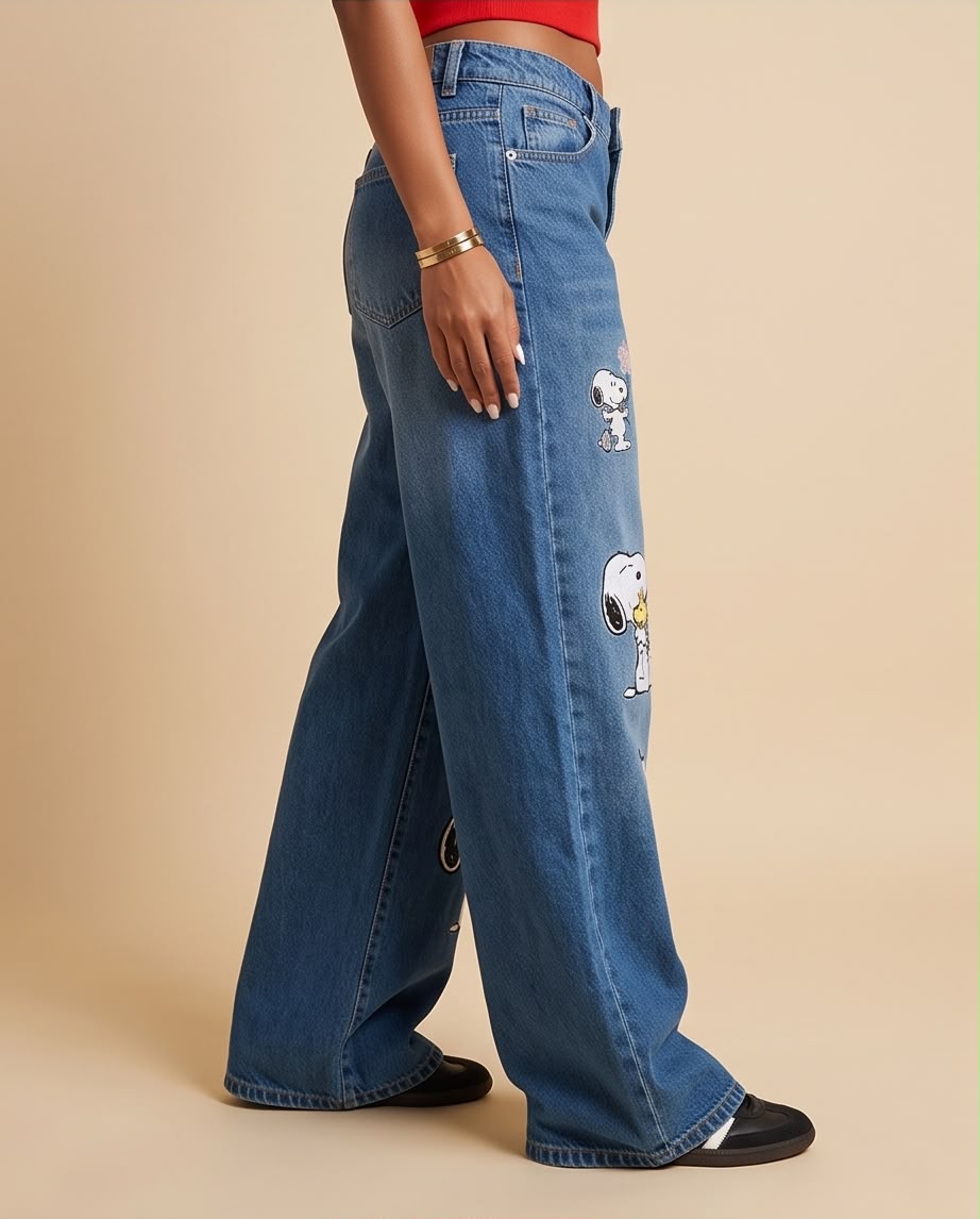 Snoopy Embroidered Loose Fit Jeans