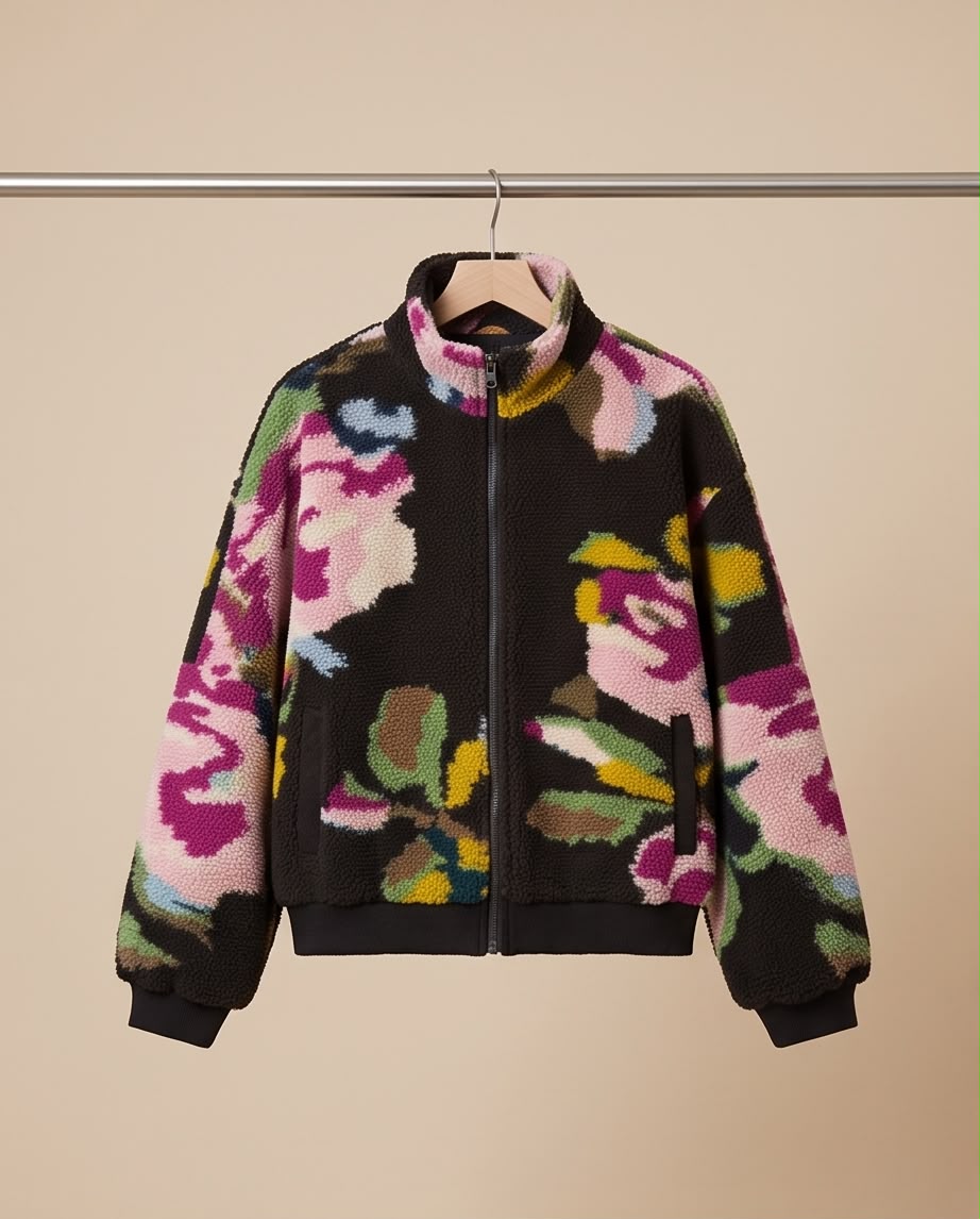 Floral Printed Fleece Zip-Up Jacket
