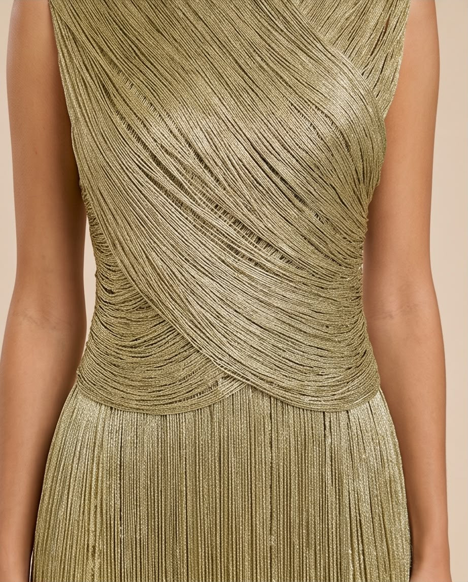 Sleeveless Metallic Draped Fringe Maxi Dress