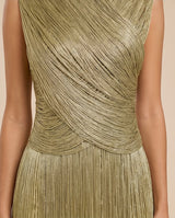 Sleeveless Metallic Draped Fringe Maxi Dress