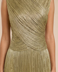 Sleeveless Metallic Draped Fringe Maxi Dress