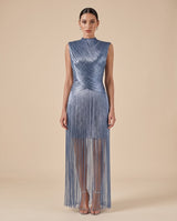 Sleeveless Metallic Draped Fringe Maxi Dress