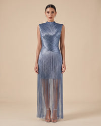 Sleeveless Metallic Draped Fringe Maxi Dress