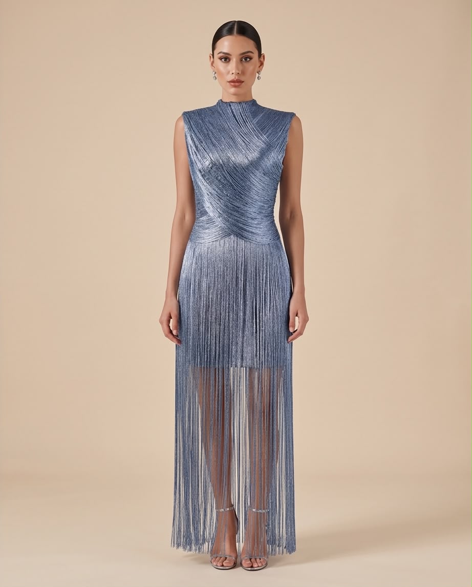 Sleeveless Metallic Draped Fringe Maxi Dress