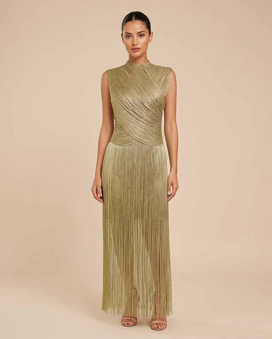 Sleeveless Metallic Draped Fringe Maxi Dress