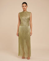 Sleeveless Metallic Draped Fringe Maxi Dress