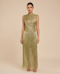 Sleeveless Metallic Draped Fringe Maxi Dress