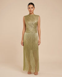 Sleeveless Metallic Draped Fringe Maxi Dress
