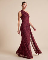 One-Shoulder Corest Lace Evenng Grown -Wine Burgundy