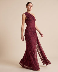 One-Shoulder Corest Lace Evenng Grown -Wine Burgundy