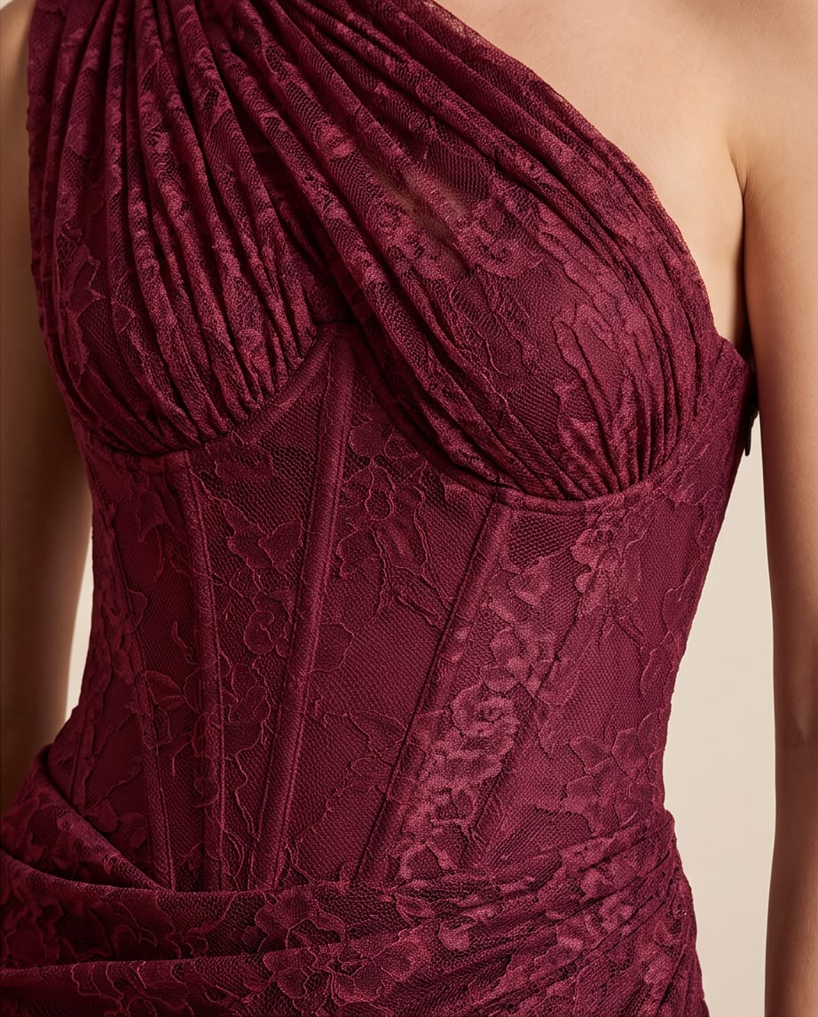 One-Shoulder Corest Lace Evenng Grown -Wine Burgundy