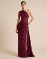 One-Shoulder Corest Lace Evenng Grown -Wine Burgundy