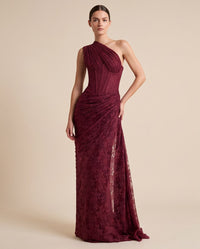 One-Shoulder Corest Lace Evenng Grown -Wine Burgundy