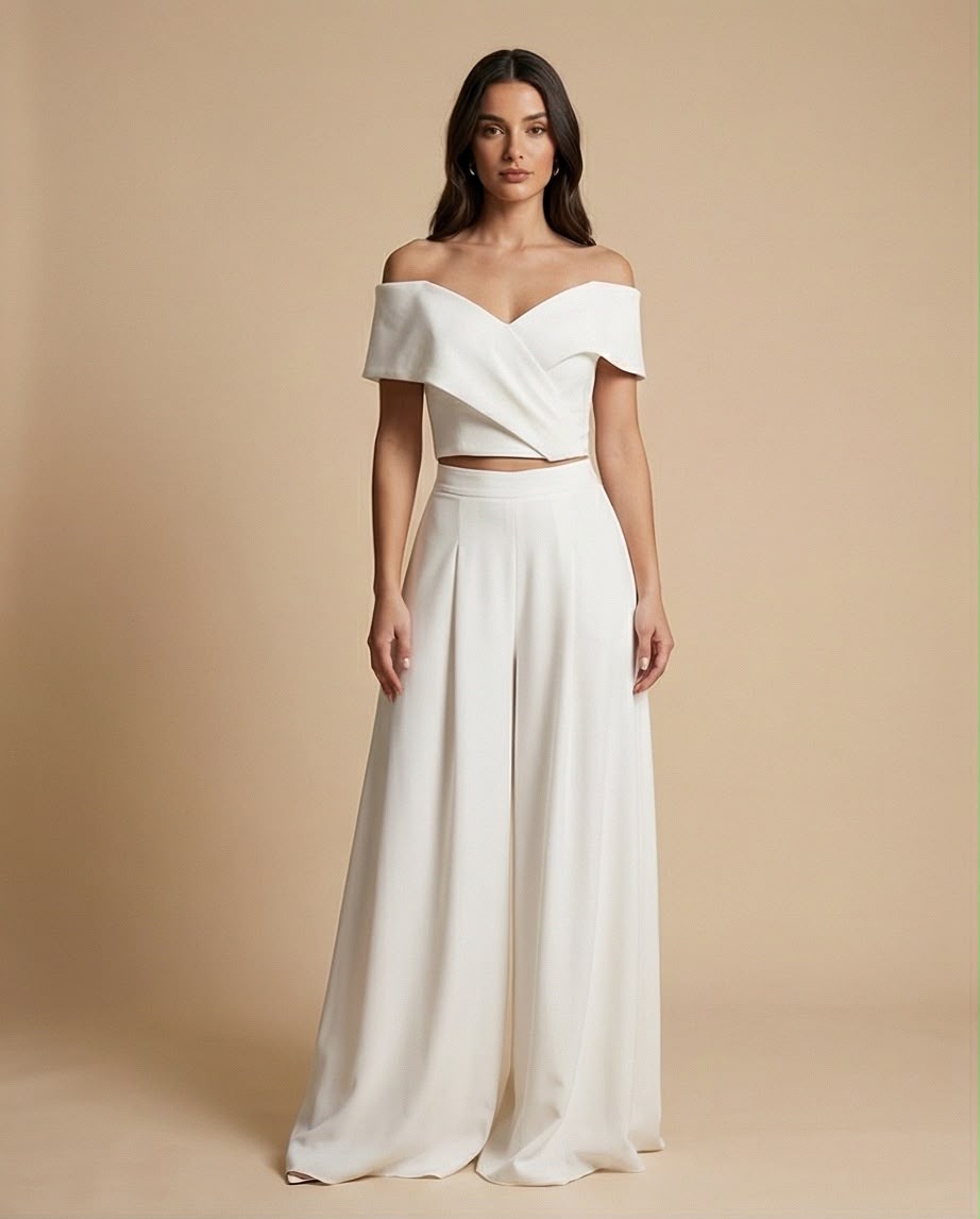 Asymmetric Off-Shoulder Two-Piece Set-Ivory